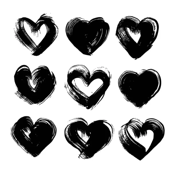 Pinceladas Tinta Negra Texturizada Abstracta Forma Corazón Conjunto Grande Aislado — Archivo Imágenes Vectoriales