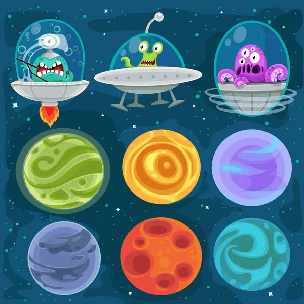 Cartoon aliens in spaceships, set of planets in space background