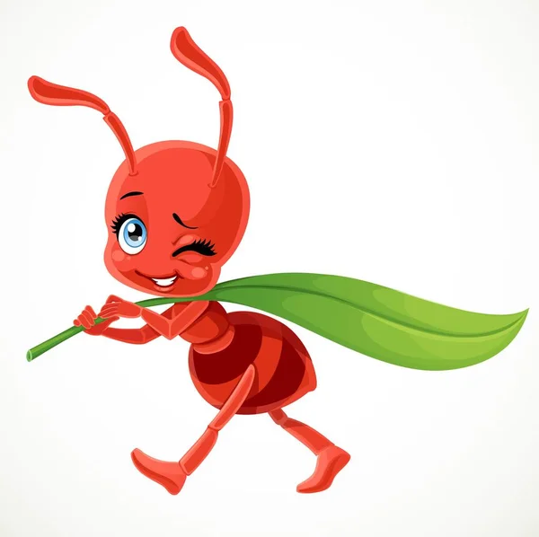 Cute Cartoon Red Ant Carries Green Blade Grass Isolated White — Stock Vector