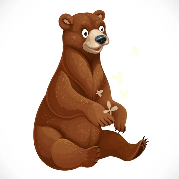 Cute Cartoon Bear Gry Żółtymi Ćmy Siedzieć Białym Tle — Wektor stockowy