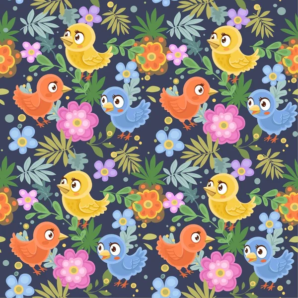 Koyu Mavi Arka Planda Kuşların Çiçeklerin Kusursuz Dekoratif Süsü — Stok Vektör