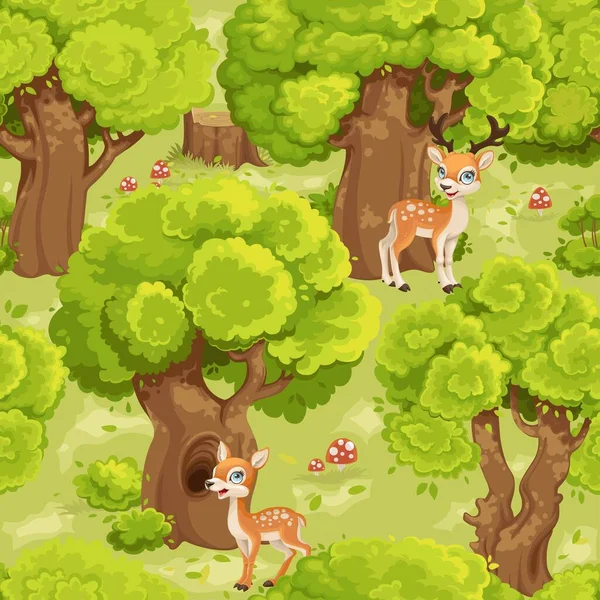 Seamless Pattern Green Summer Forest Cute Cartoon Spotted Fallow Deers — Stock Vector