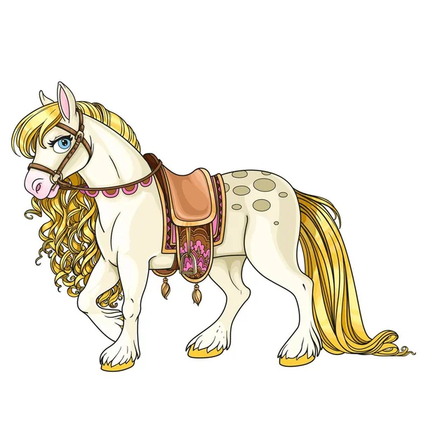 Симпатичный Белый Конь Золотой Гривой Привязанный Седлу Изолированному Белом Фоне — стоковый вектор