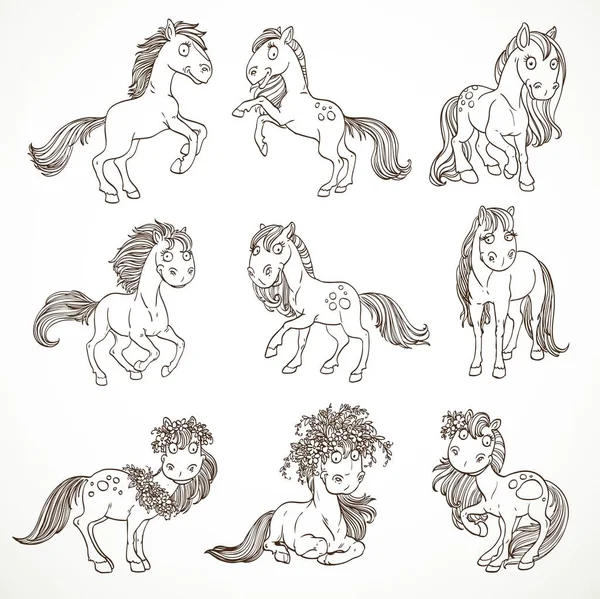 Lindos Caballos Dibujos Animados Delineados Coronas Conjunto Aislado Sobre Fondo — Archivo Imágenes Vectoriales