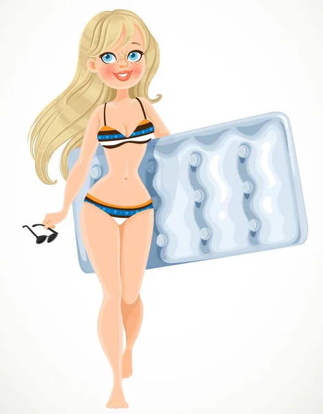 Jolie Fille Blonde Maillot Bain Rayé Porte Matelas Air Isolé — Image vectorielle