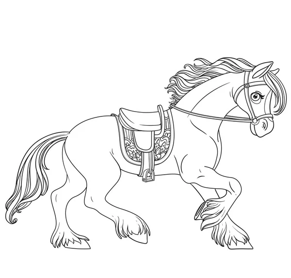 用马具牵制的可爱的卡通马向前跑 轮廓与白色背景隔离 — 图库矢量图片