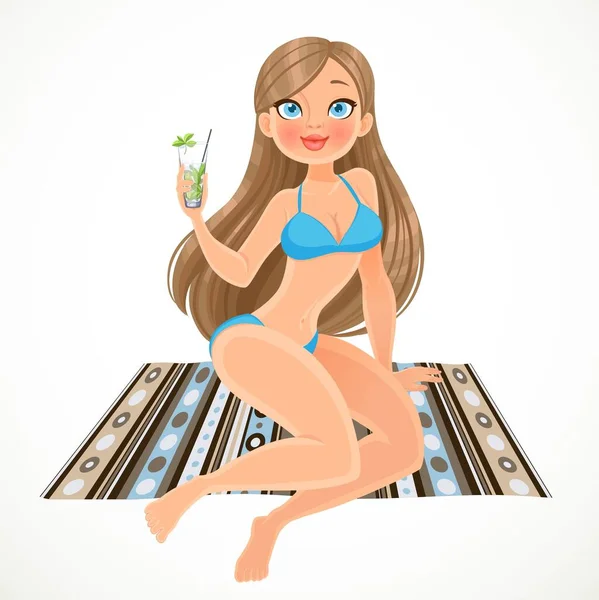 Cute Girl Blue Swimsuit Sits Beach Towel Holds Cocktail Hand — Stock Vector