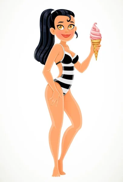 Cute Tan Brunette Girl Black White Stripped Swimsuit Ice Cream — ストックベクタ