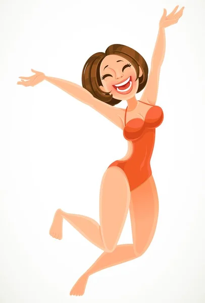 Cute Tan Brunette Girl Red Swimsuit Jumping Joy Isolated White — Stock Vector
