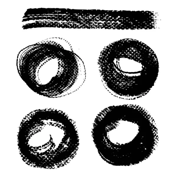 Abstraktní Texturované Černé Inkoust Hladké Kulaté Tahy Razítka Izolované Bílém — Stockový vektor
