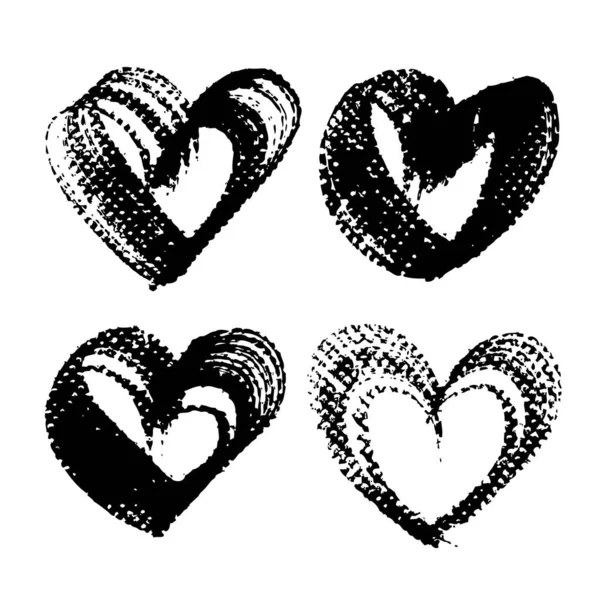 Heart Shape Abstract Textured Black Smooth Strokes Stamps Isolated White — Stock Vector