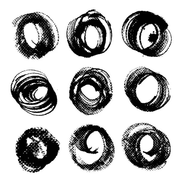 Abstract Textured Black Circle Strokes Rough Paper Big Set Isolated — Stock Vector