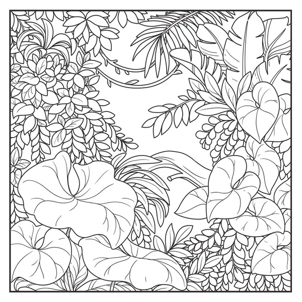 Jungle Sauvage Avec Lianes Ligne Contour Noir Dessin Pour Coloration — Image vectorielle