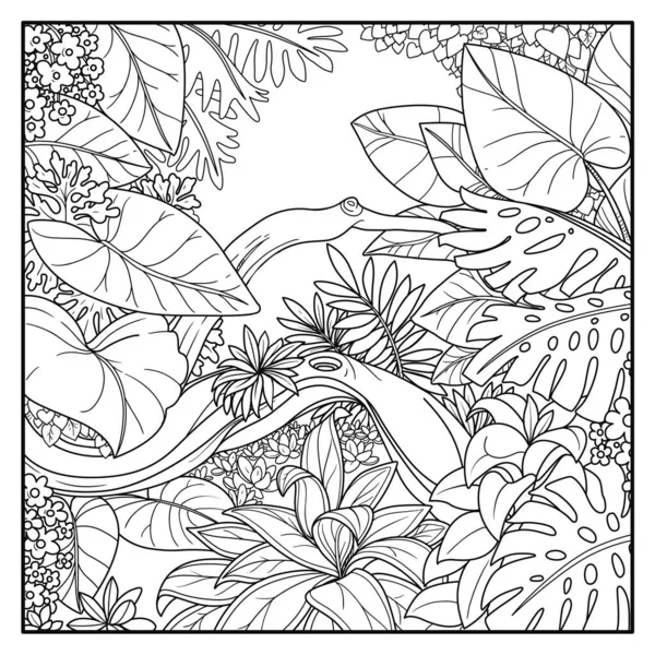 Jungle Avec Lac Envahi Dessin Ligne Contour Noir Pour Coloration — Image vectorielle