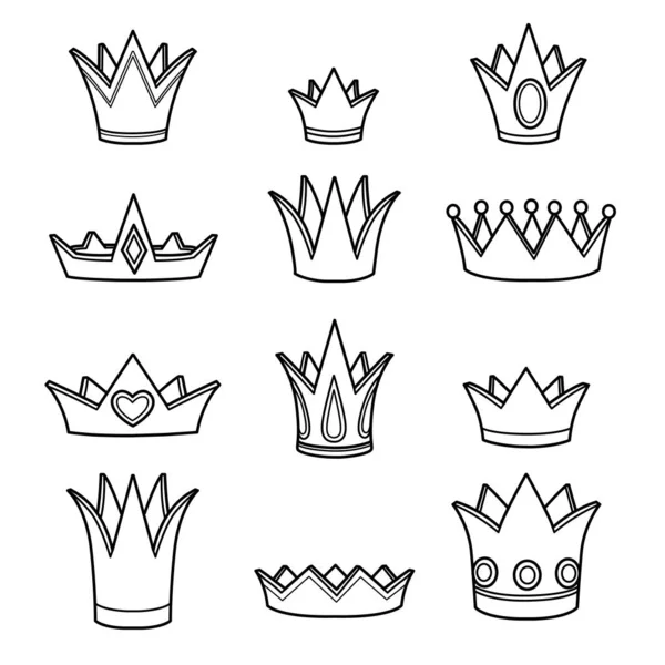 Tiaras Various Shapes Big Set Outlined Picture Coloring Book White — Stock Vector