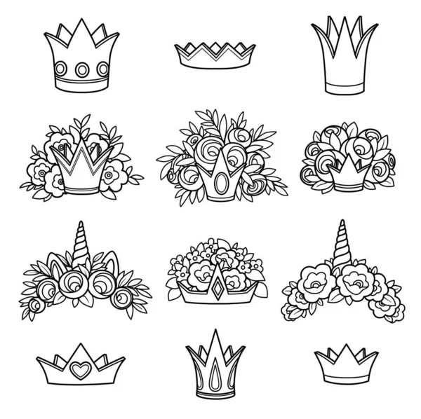 Tiaras Various Shapes Flowers Outlined Picture Coloring Book White Background — Stock Vector
