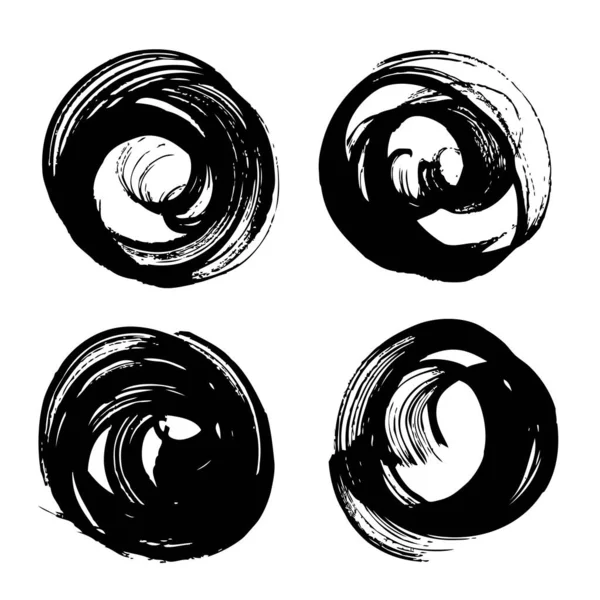 Abstract Circle Textured Big Black Ink Brushstrokes Set Isolated White — Stock Vector