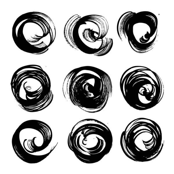 Abstrait Texturé Grand Cercle Noir Coups Pinceau Encre Mis Isolé — Image vectorielle