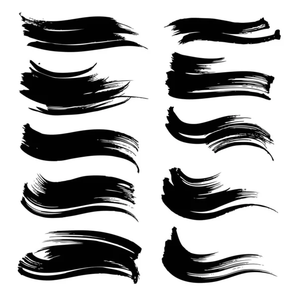 Textured Big Black Ink Brushstrokes Set Isolated White Background — Stock Vector