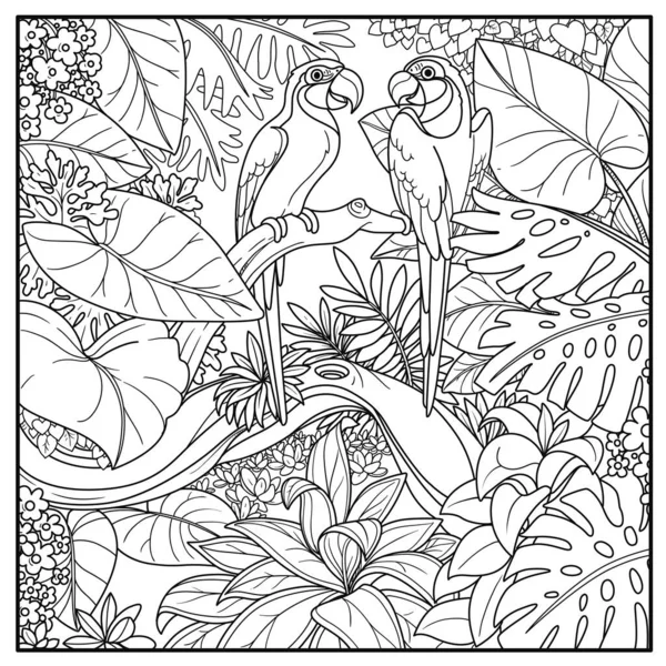 Divoká Džungle Dvěma Papoušky Macaw Sedět Větvi Nad Lesním Jezerem — Stockový vektor