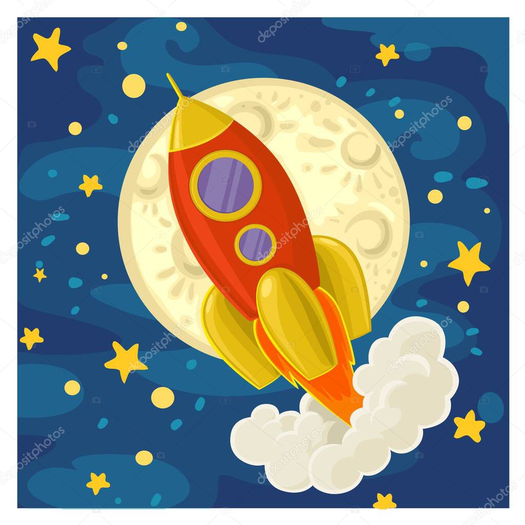 Cartoon rocket  flying on the background of the moon and the starry sky