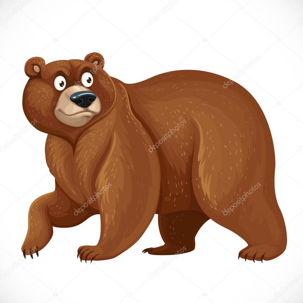 Cartoon bear stands on four legs isolated on white background