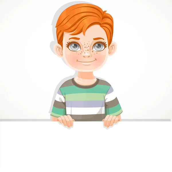 Cute Red Haired Boy Holds Large White Horizontal Banner White — Stock Vector