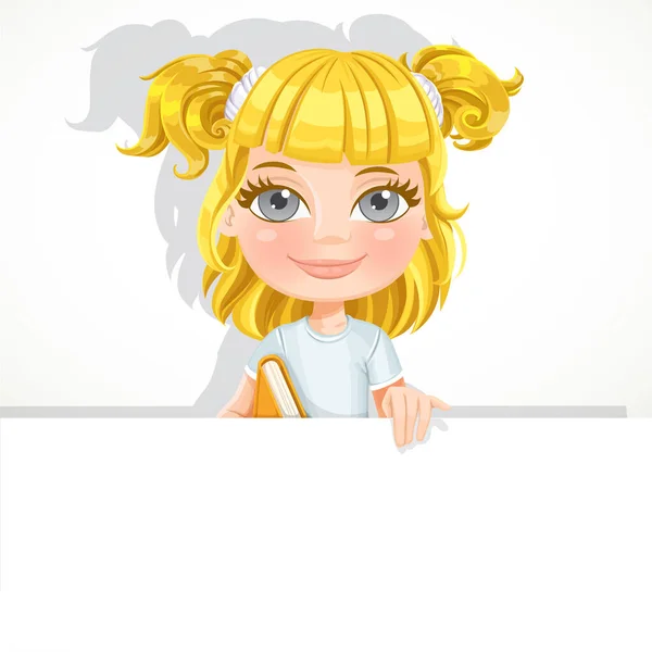 Mignonne Petite Fille Blonde Avec Manuel Tenir Grande Bannière Blanche — Image vectorielle