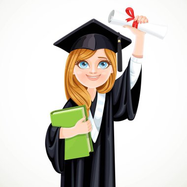 Elinde diploma ve beyaz bir arka planda izole edilmiş büyük bir ders kitabı tutan mutlu öğrenci kız.