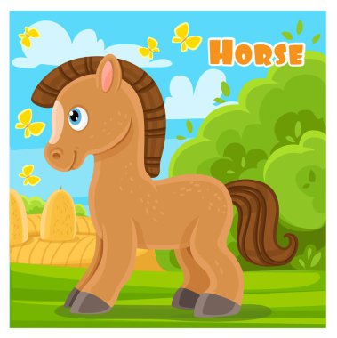 Çiftlik arka planında şirin bir çizgi film atı