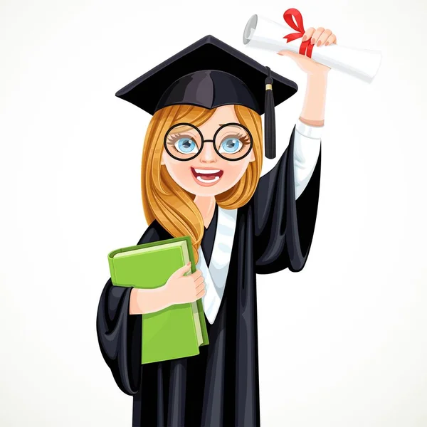 Chica Estudiante Feliz Gafas Sosteniendo Diploma Aislado Sobre Fondo Blanco — Archivo Imágenes Vectoriales