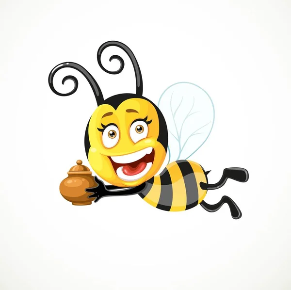 白い背景に隔離された土鍋で漫画の蜂が飛ぶ — ストックベクタ