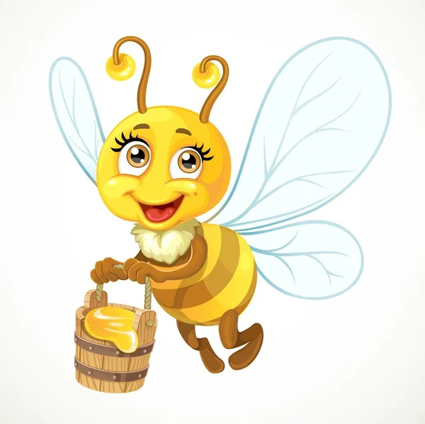 Cute Bee Flies Wooden Bucket Full Honey Isolated White Background — Stock Vector