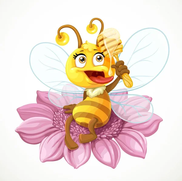 可愛い蜂はピンクの花に座って 白い背景に単離された木製のディップと蜂蜜を食べる — ストックベクタ