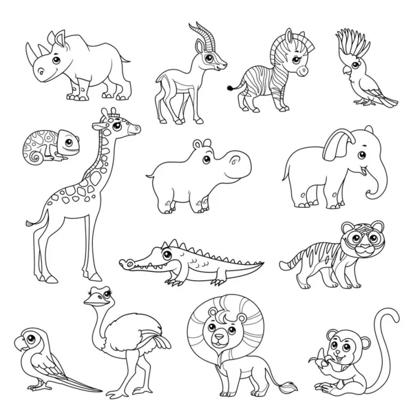 Cute Cartoon Various African Animals Set Black Doodles Outline White — Stock Vector