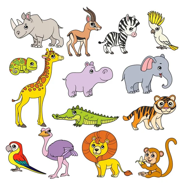 Cute Cartoon Various African Animals Set Color Doodle Black Outline — Stock Vector