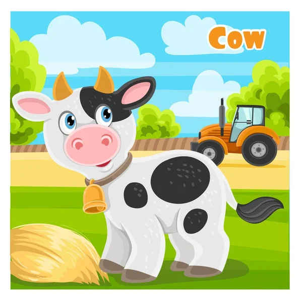 Χαριτωμένη Αγελάδα Κινουμένων Σχεδίων Ένα Αγρόκτημα Φόντο — Διανυσματικό Αρχείο