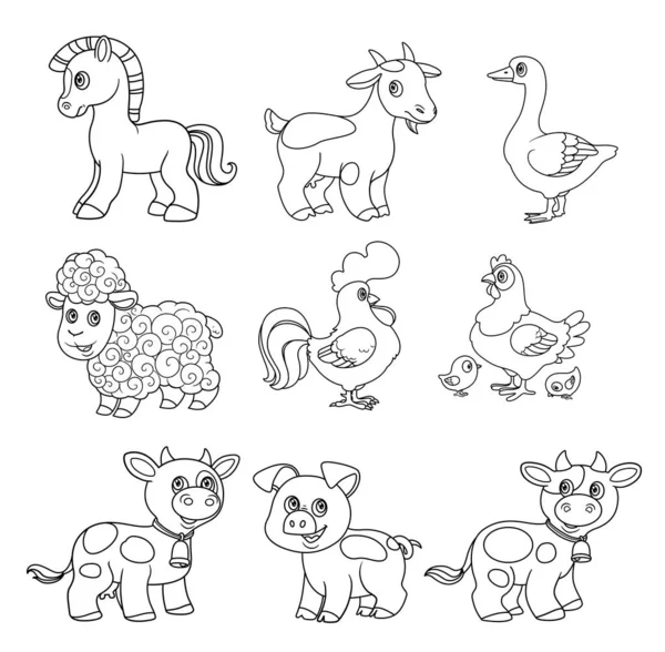 Cute Cartoon Farm Animals Set Black Outline White Background Coloring — Stock Vector