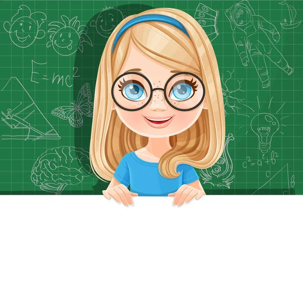 Roztomilé Blondýny Dívka Brýlích Drží Velký Bílý Horizontální Banner Zeleném — Stockový vektor