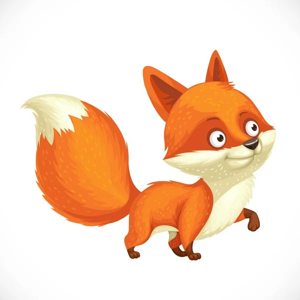 Cute Little Fox Puszystym Ogonem Stoi Białym Tle — Wektor stockowy