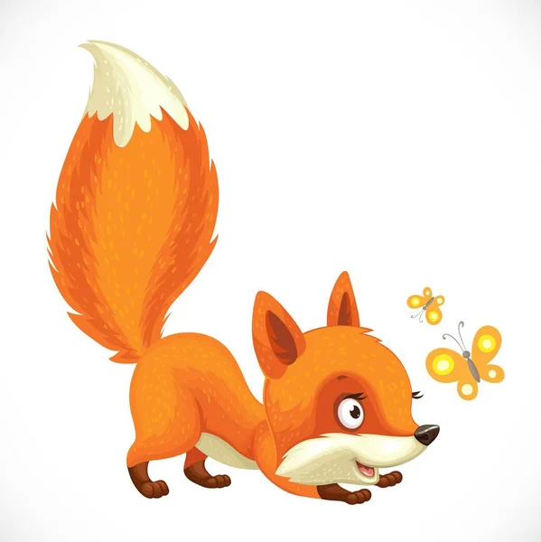 可爱的小狐狸猎取白色背景的蝴蝶 — 图库矢量图片