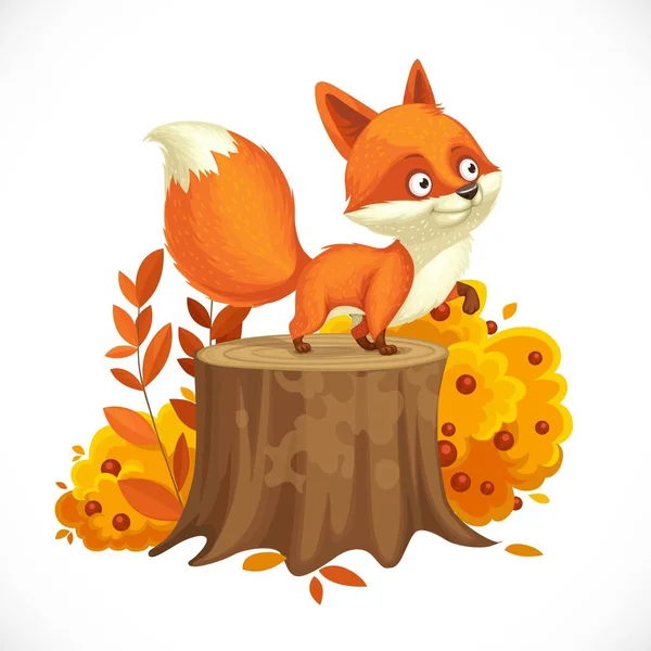 Cute Little Fox Stands Big Stump Next Autumn Bush Isolated — Stock Vector