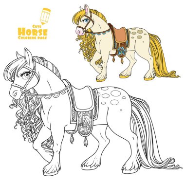 Eyer rengine bağlanmış altın yeleli şirin beyaz at ve beyaz arkaplandaki boyama kitabı için özet yapılmış resim.