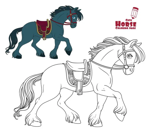 ハーネスに使用されている漫画の馬は 白い背景に前方着色ページを実行します — ストックベクタ
