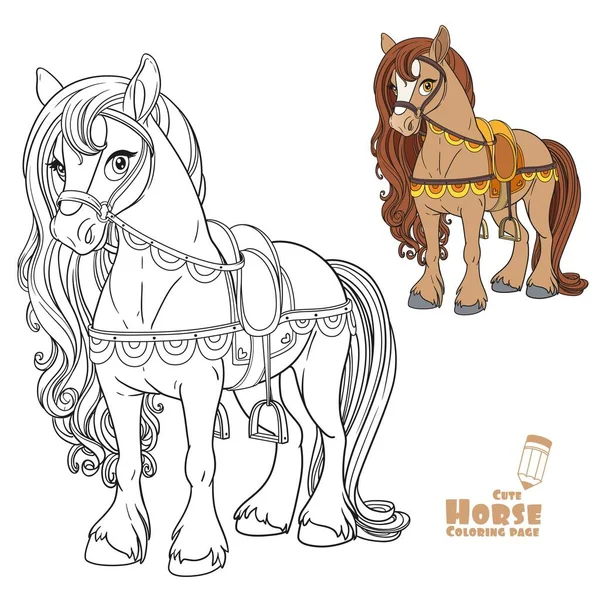 Cute Horse Harnessed Saddle Color Outlined Picture Coloring Book White — Stock Vector