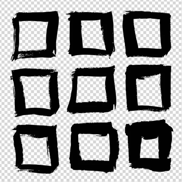 Vierkante Frames Van Zwarte Penseelstreken Abstracte Textuur Grote Set Geïsoleerd — Stockvector