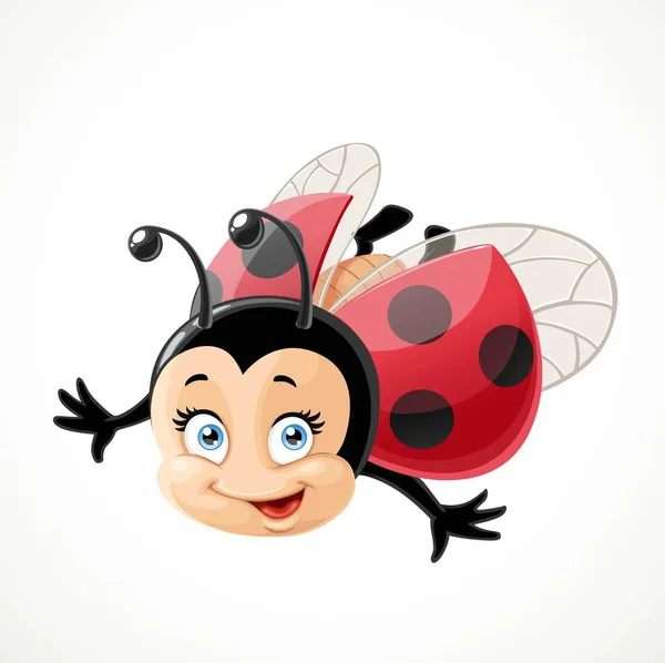 Carino Fumetto Coccinella Volare Uno Sfondo Bianco — Vettoriale Stock