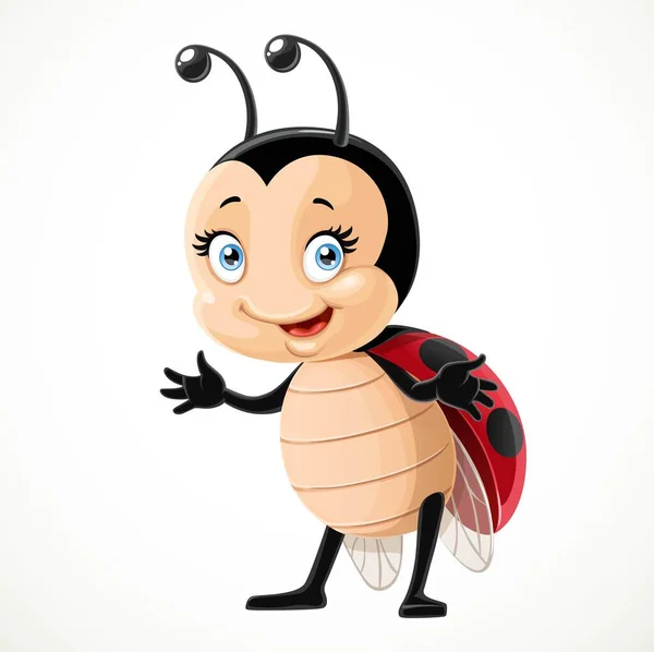 かわいい漫画てんとう虫は白い背景に立つ — ストックベクタ
