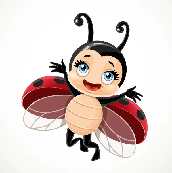 Cute Cartoon Little Ladybug Flying White Background — Stock Vector