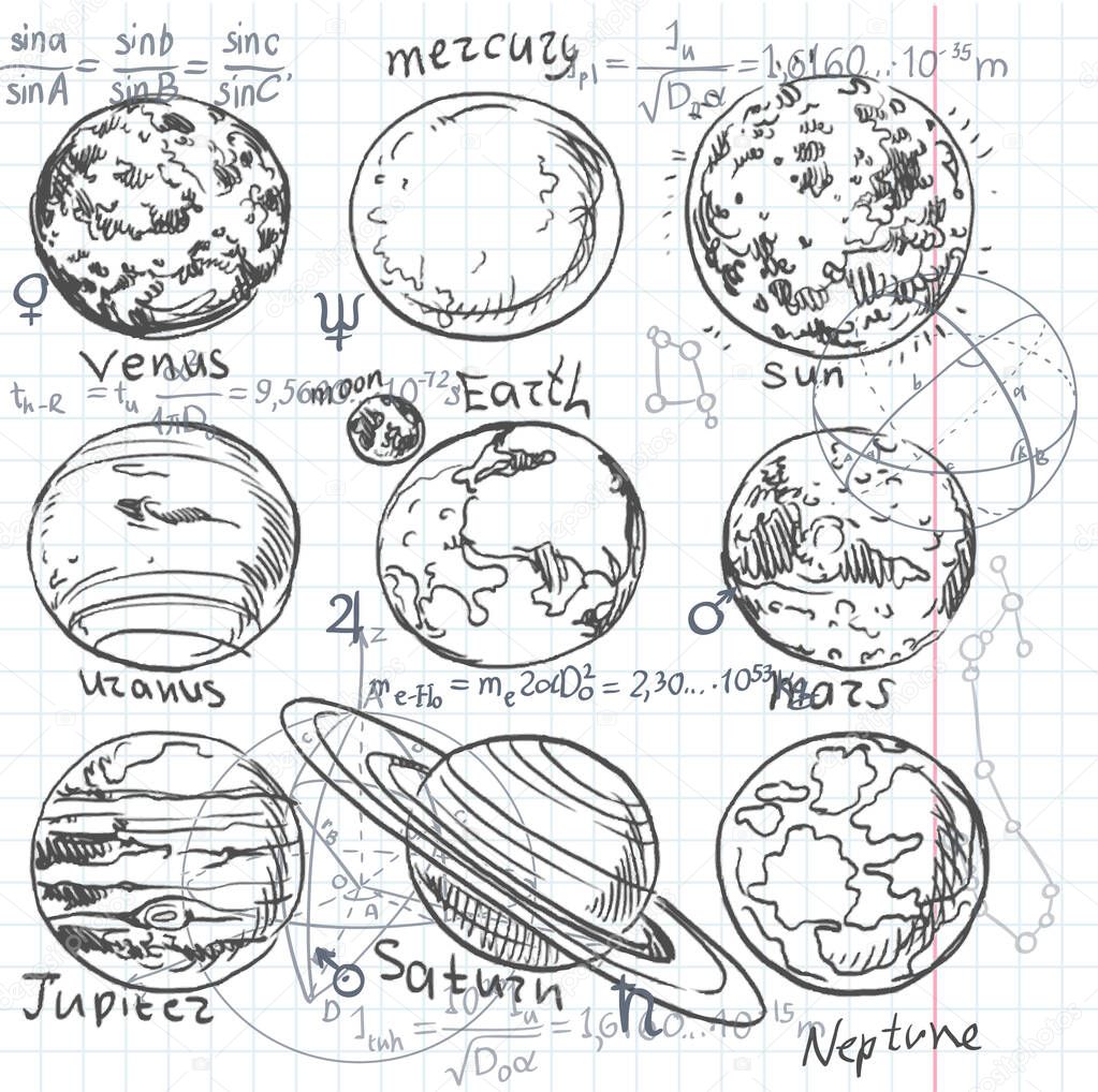 Doodle background with planets of the solar system, and the formula for Astronomy 